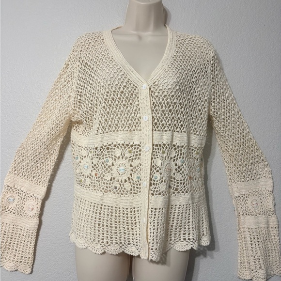 NorthStyle Sweaters - NorthStyle Cream‎ Crochet Open Knit Coastal Boho Cardigan Scalloped Edges Beaded